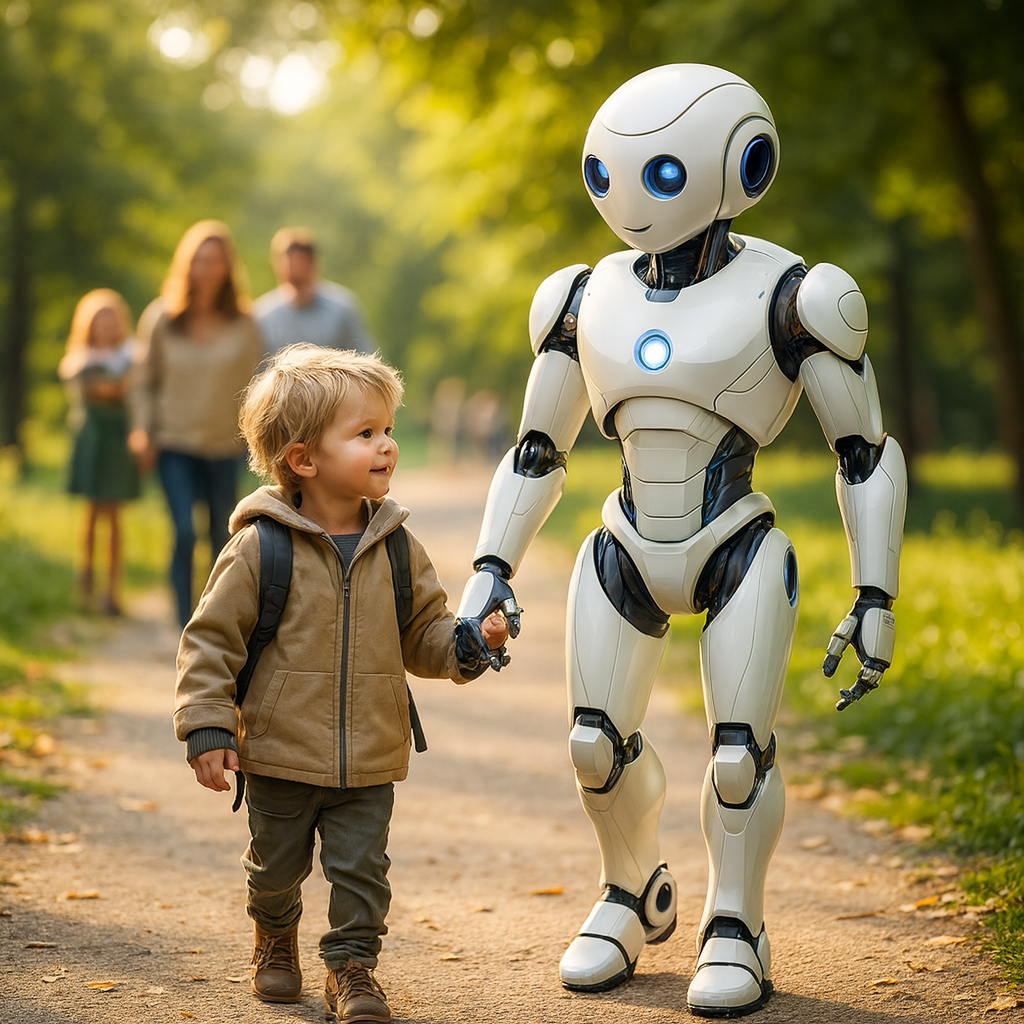 Niño caminando de la mano con un robot